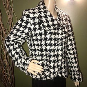 PURSUITS, LTD. Black/White HOUNDSTOOTH Asymmetrical Collar Blazer/Coat Sz.12~EUC